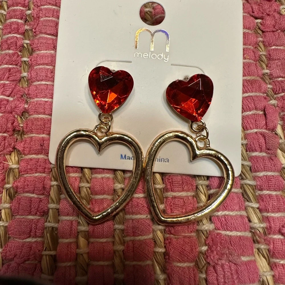Gold and Red Heart Earrings - Picture 2 of 2